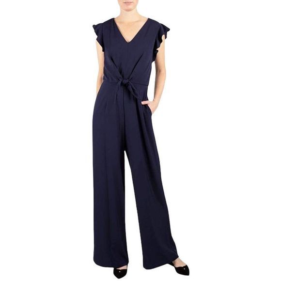 NWT JULIA JORDAN Navy Blue Flutter Sleeve Front Knot Romper Jumpsuit (14) - Picture 15 of 16